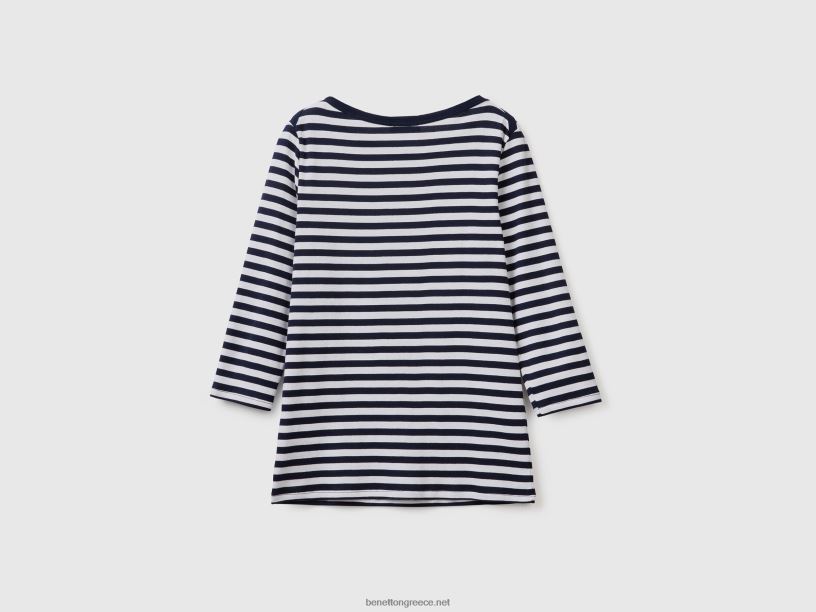 ριγέ μπλουζάκι με μανίκια 3/4 από 100% βαμβάκι J8TLD3928 Benetton γυναίκες σκούρο μπλε