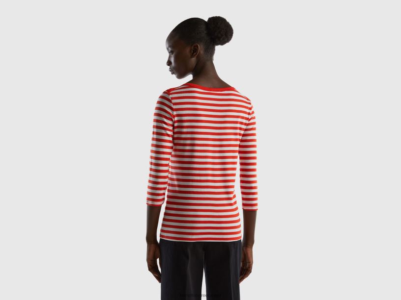 ριγέ μπλουζάκι με μανίκια 3/4 από 100% βαμβάκι J8TLD405 Benetton γυναίκες το κόκκινο