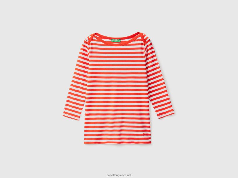 ριγέ μπλουζάκι με μανίκια 3/4 από 100% βαμβάκι J8TLD405 Benetton γυναίκες το κόκκινο