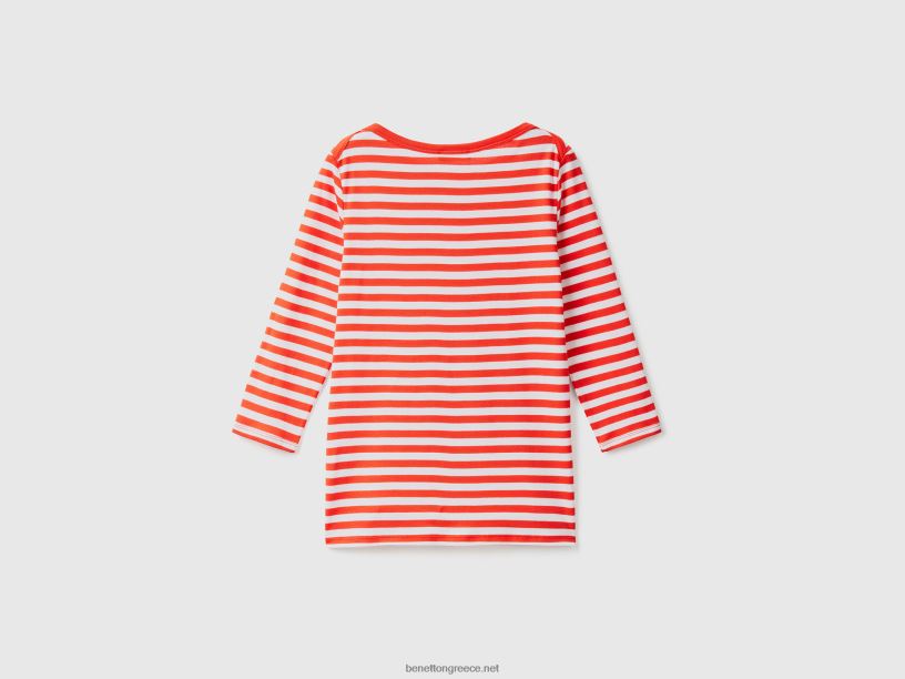 ριγέ μπλουζάκι με μανίκια 3/4 από 100% βαμβάκι J8TLD405 Benetton γυναίκες το κόκκινο