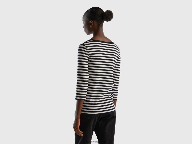 ριγέ μπλουζάκι με μανίκια 3/4 από καθαρό βαμβάκι J8TLD442 Benetton γυναίκες μαύρος