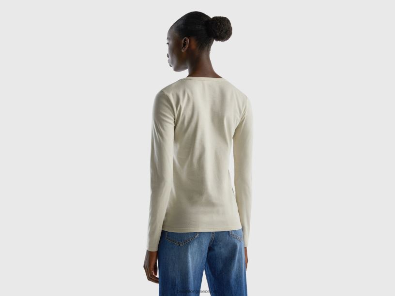 μακρυμάνικο μπλουζάκι από καθαρό βαμβάκι J8TLD3778 Benetton γυναίκες μπεζ