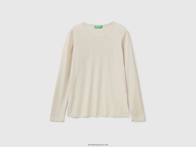 μακρυμάνικο μπλουζάκι από καθαρό βαμβάκι J8TLD3778 Benetton γυναίκες μπεζ