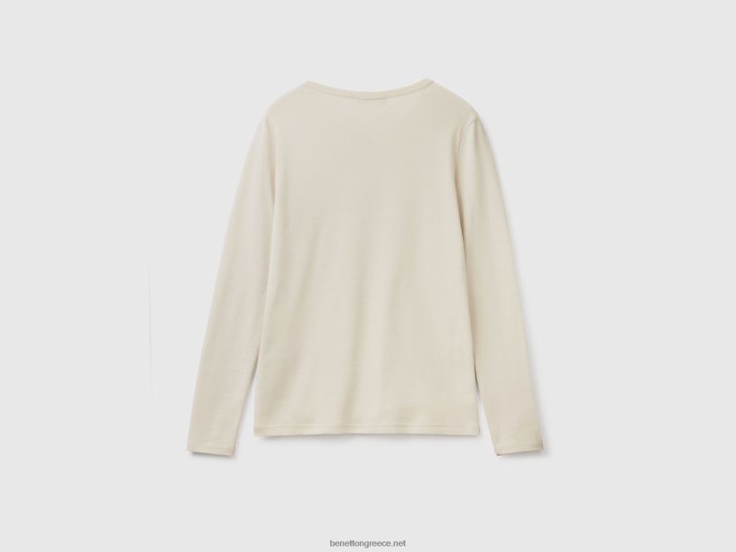 μακρυμάνικο μπλουζάκι από καθαρό βαμβάκι J8TLD3778 Benetton γυναίκες μπεζ