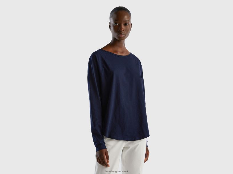 μακρυμάνικο μπλουζάκι από καθαρό βαμβάκι J8TLD3795 Benetton γυναίκες σκούρο μπλε