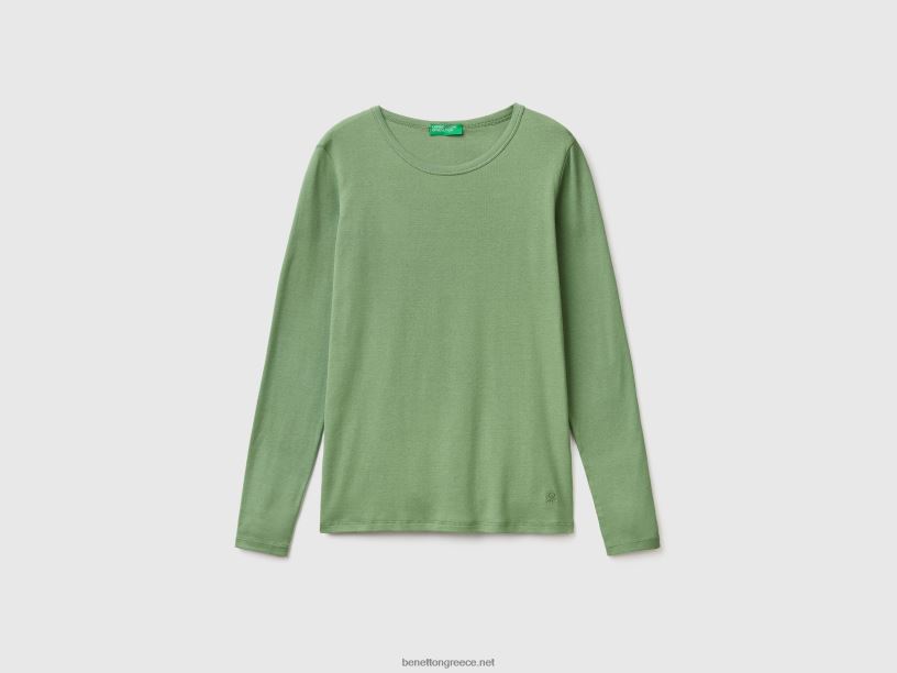 μακρυμάνικο μπλουζάκι από καθαρό βαμβάκι J8TLD3806 Benetton γυναίκες πράσινος