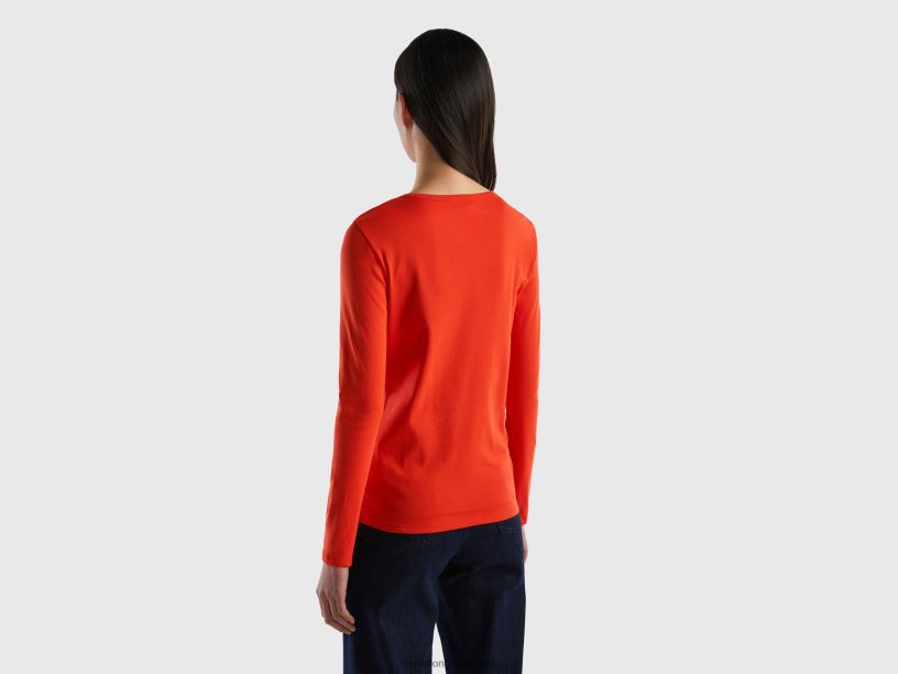 μακρυμάνικο μπλουζάκι από καθαρό βαμβάκι J8TLD3820 Benetton γυναίκες το κόκκινο