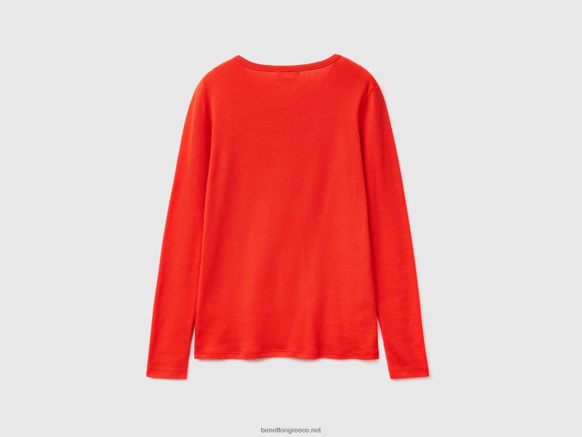μακρυμάνικο μπλουζάκι από καθαρό βαμβάκι J8TLD3820 Benetton γυναίκες το κόκκινο