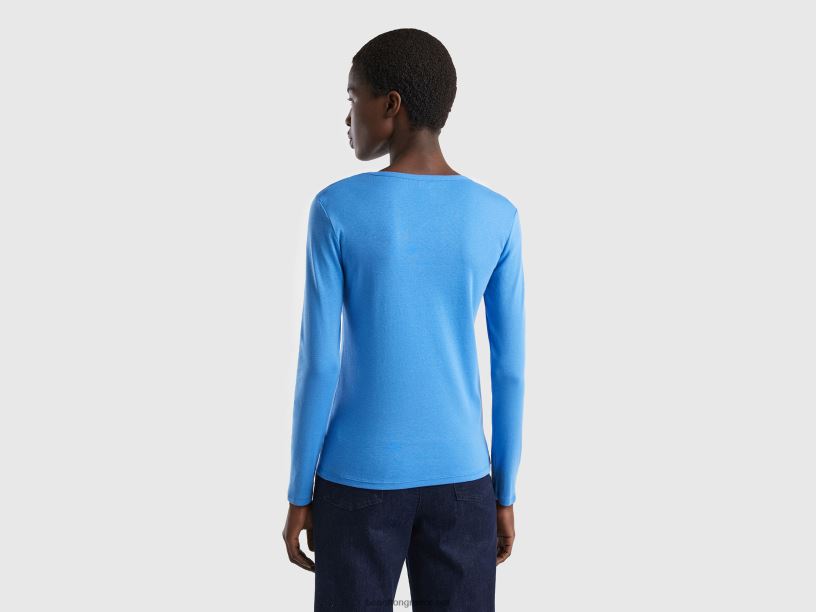 μακρυμάνικο μπλουζάκι από καθαρό βαμβάκι J8TLD3843 Benetton γυναίκες γαλάζιο