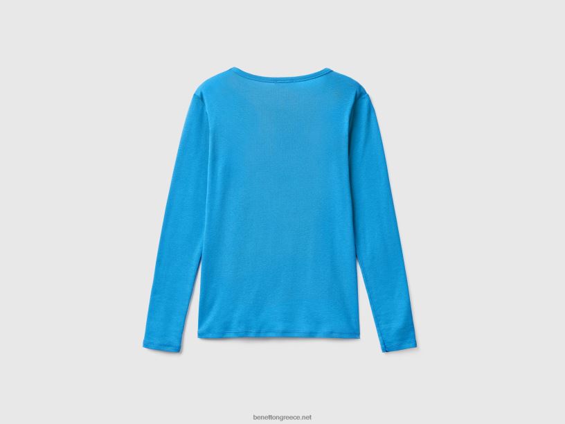 μακρυμάνικο μπλουζάκι από καθαρό βαμβάκι J8TLD3843 Benetton γυναίκες γαλάζιο