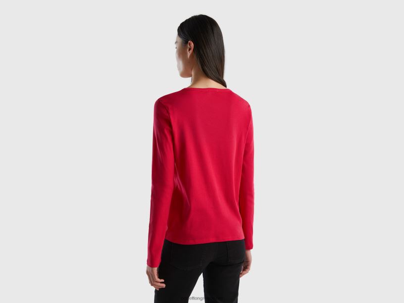 μακρυμάνικο μπλουζάκι από καθαρό βαμβάκι J8TLD384 Benetton γυναίκες φουξία