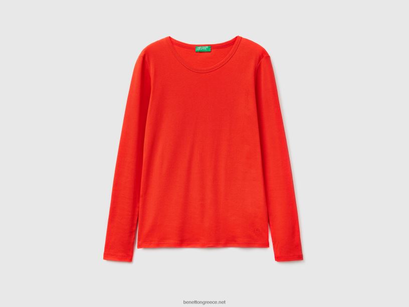 μακρυμάνικο μπλουζάκι από καθαρό βαμβάκι J8TLD385 Benetton γυναίκες το κόκκινο