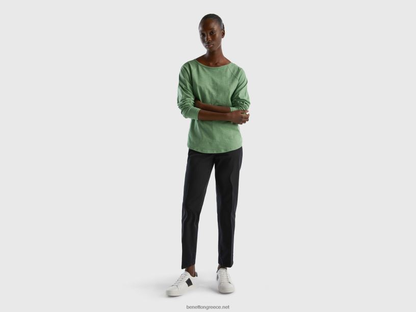 μακρυμάνικο μπλουζάκι από καθαρό βαμβάκι J8TLD3876 Benetton γυναίκες πράσινος