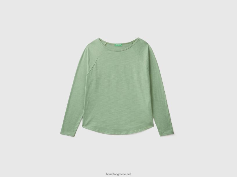 μακρυμάνικο μπλουζάκι από καθαρό βαμβάκι J8TLD3876 Benetton γυναίκες πράσινος