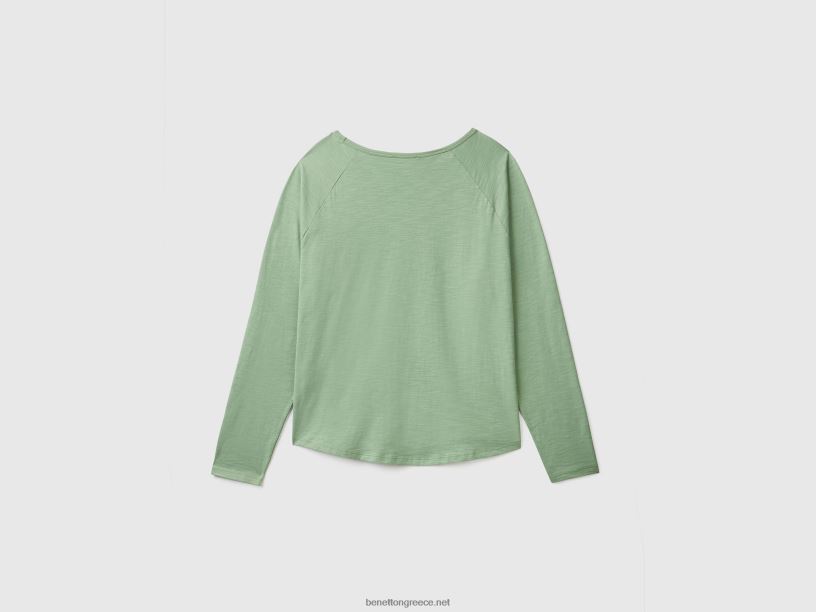 μακρυμάνικο μπλουζάκι από καθαρό βαμβάκι J8TLD3876 Benetton γυναίκες πράσινος