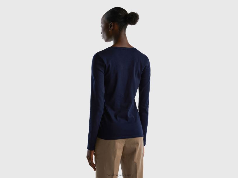 μακρυμάνικο μπλουζάκι από καθαρό βαμβάκι J8TLD3909 Benetton γυναίκες σκούρο μπλε