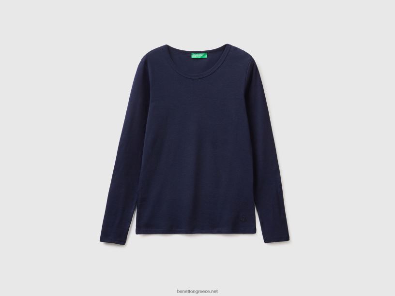 μακρυμάνικο μπλουζάκι από καθαρό βαμβάκι J8TLD3909 Benetton γυναίκες σκούρο μπλε