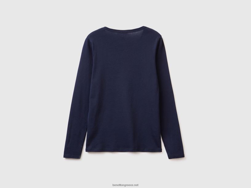 μακρυμάνικο μπλουζάκι από καθαρό βαμβάκι J8TLD3909 Benetton γυναίκες σκούρο μπλε