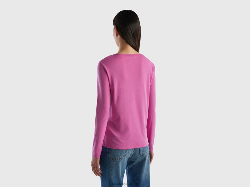 μακρυμάνικο μπλουζάκι από καθαρό βαμβάκι J8TLD400 Benetton γυναίκες ροζ