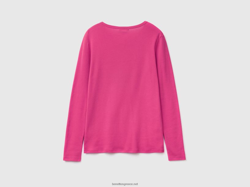μακρυμάνικο μπλουζάκι από καθαρό βαμβάκι J8TLD400 Benetton γυναίκες ροζ