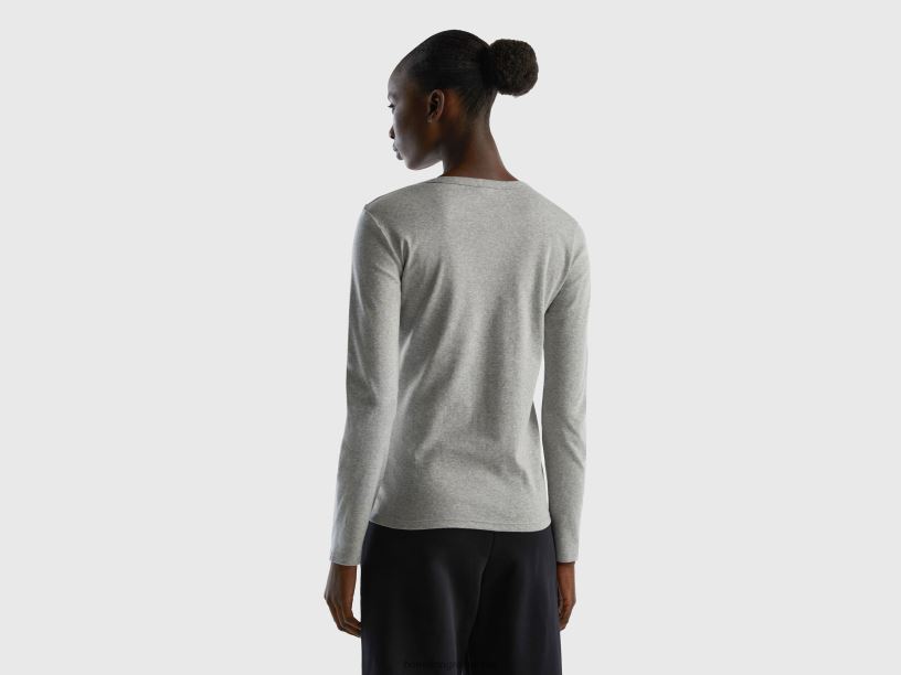 μακρυμάνικο μπλουζάκι από καθαρό βαμβάκι J8TLD425 Benetton γυναίκες ανοιχτό γκρι