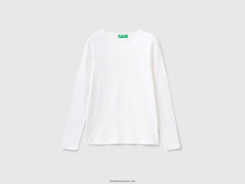 μακρυμάνικο μπλουζάκι από καθαρό βαμβάκι J8TLD441 Benetton γυναίκες άσπρο