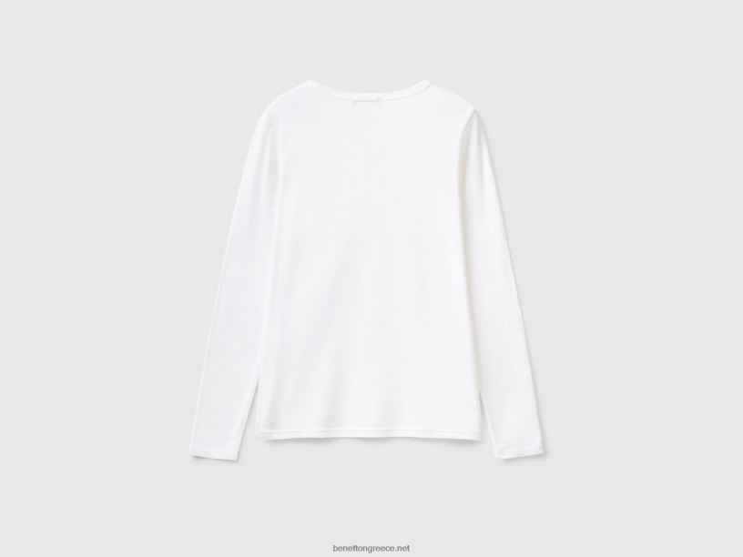 μακρυμάνικο μπλουζάκι από καθαρό βαμβάκι J8TLD441 Benetton γυναίκες άσπρο