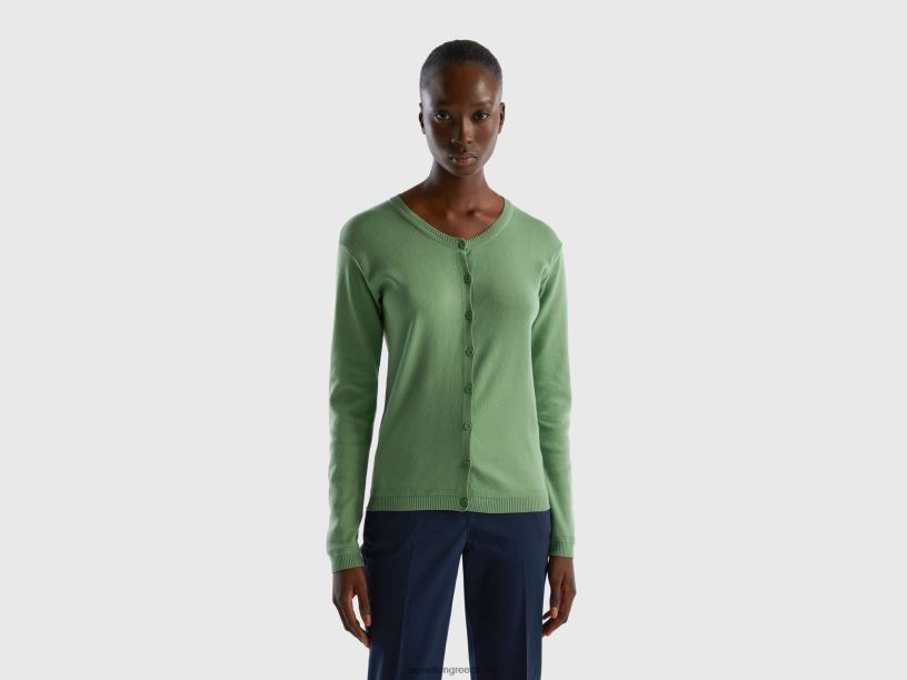 Ζακέτα με λαιμόκοψη από καθαρό βαμβάκι J8TLD106 Benetton γυναίκες πράσινος