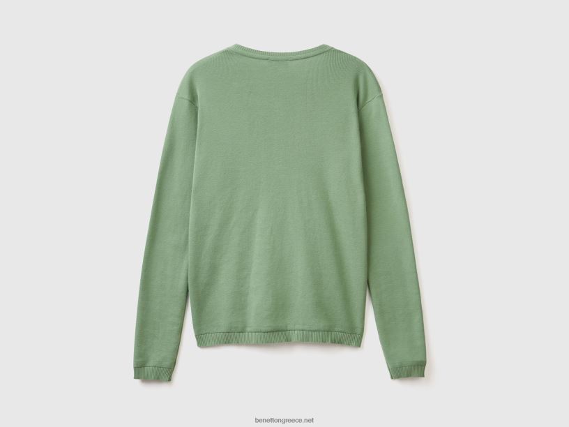 Ζακέτα με λαιμόκοψη από καθαρό βαμβάκι J8TLD106 Benetton γυναίκες πράσινος