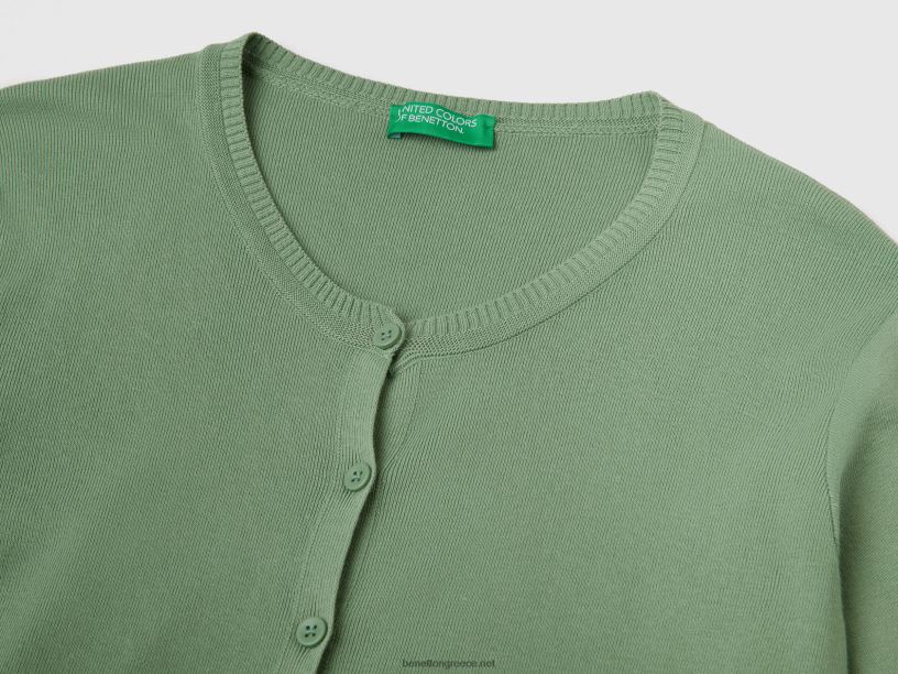 Ζακέτα με λαιμόκοψη από καθαρό βαμβάκι J8TLD106 Benetton γυναίκες πράσινος