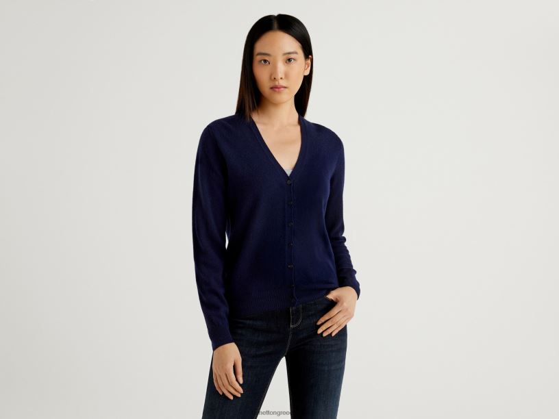 σκούρο μπλε ζακέτα με λαιμόκοψη σε καθαρό μαλλί μερινό J8TLD184 Benetton γυναίκες σκούρο μπλε