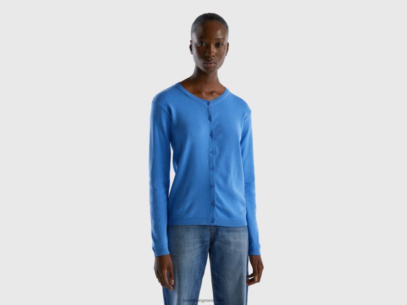 Ζακέτα με λαιμόκοψη από καθαρό βαμβάκι J8TLD3494 Benetton γυναίκες γαλάζιο