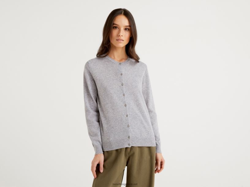 ανοιχτό γκρι ζακέτα με λαιμόκοψη από καθαρό μαλλί μερινό J8TLD3624 Benetton γυναίκες ανοιχτό γκρι