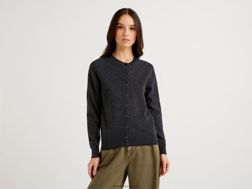 ανθρακί γκρι ζακέτα με λαιμόκοψη από καθαρό μαλλί μερινό J8TLD3678 Benetton γυναίκες σκούρο γκρίζο