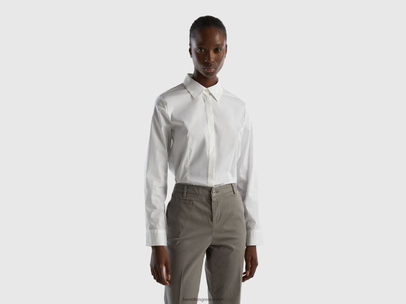 πουκάμισο σε ελαστικό βαμβακερό μείγμα J8TLD3955 Benetton γυναίκες άσπρο