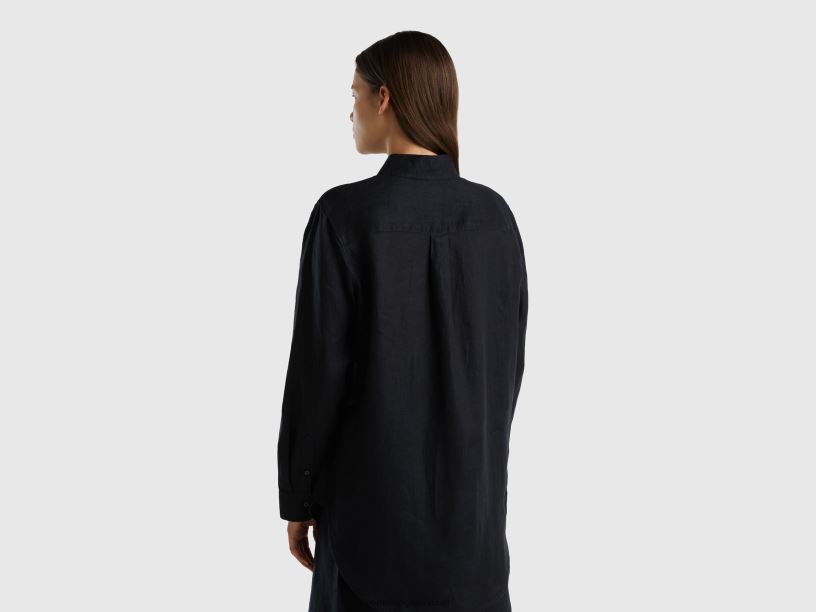 μακρύ πουκάμισο από καθαρό λινό J8TLD510 Benetton γυναίκες μαύρος