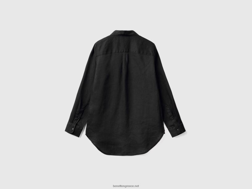 μακρύ πουκάμισο από καθαρό λινό J8TLD510 Benetton γυναίκες μαύρος