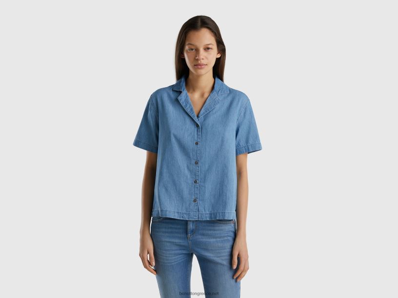 μπλούζα σε chambray J8TLD3970 Benetton γυναίκες γαλάζιο