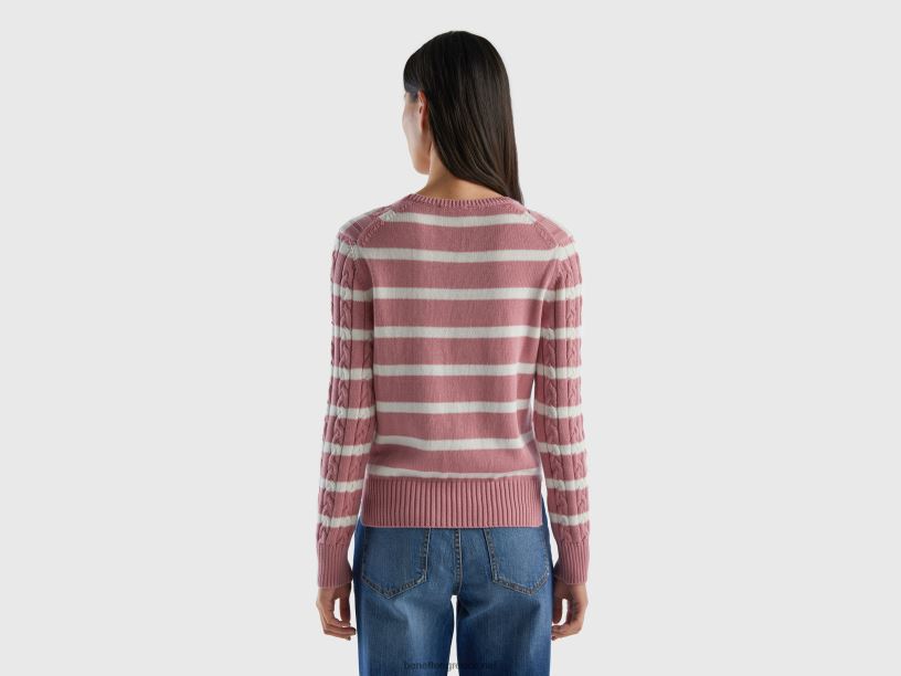 Πλεκτό πουλόβερ με καλώδιο 100% βαμβάκι J8TLD151 Benetton γυναίκες ροζ