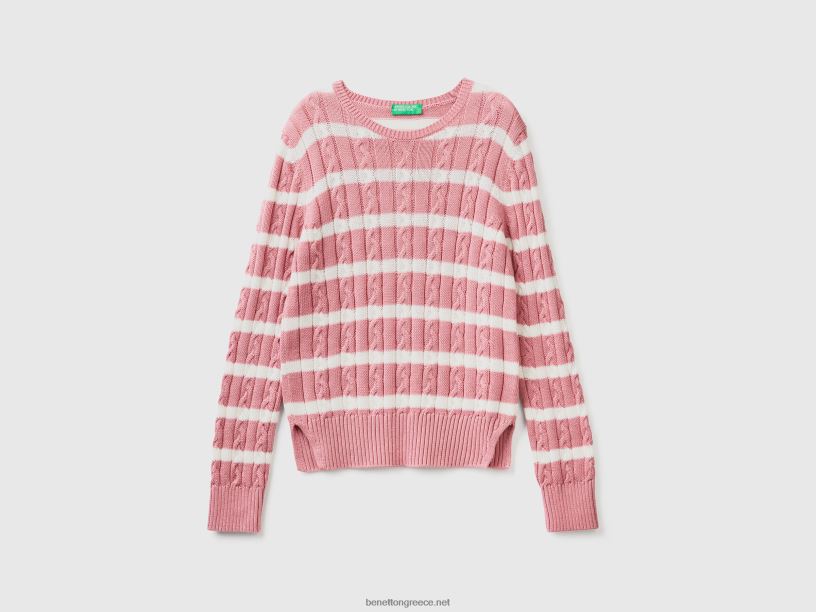 Πλεκτό πουλόβερ με καλώδιο 100% βαμβάκι J8TLD151 Benetton γυναίκες ροζ