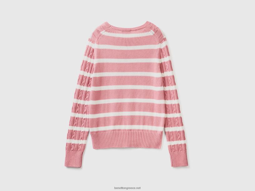 Πλεκτό πουλόβερ με καλώδιο 100% βαμβάκι J8TLD151 Benetton γυναίκες ροζ