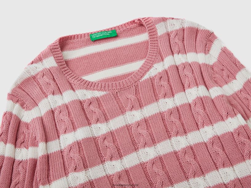Πλεκτό πουλόβερ με καλώδιο 100% βαμβάκι J8TLD151 Benetton γυναίκες ροζ
