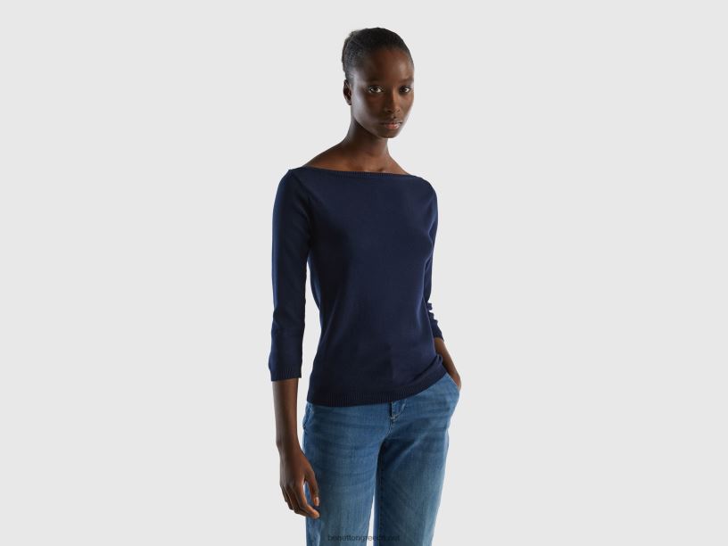 Πουλόβερ με λαιμόκοψη 100% βαμβάκι J8TLD173 Benetton γυναίκες σκούρο μπλε