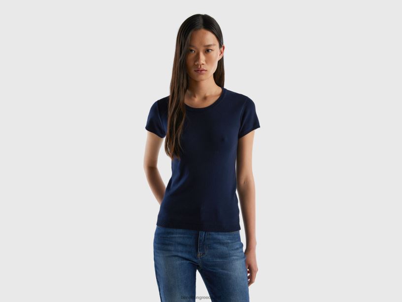 κοντομάνικο πουλόβερ από 100% βαμβάκι J8TLD191 Benetton γυναίκες σκούρο μπλε