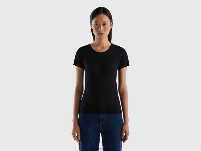 κοντομάνικο πουλόβερ από 100% βαμβάκι J8TLD192 Benetton γυναίκες μαύρος