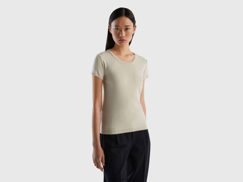 κοντομάνικο πουλόβερ από 100% βαμβάκι J8TLD193 Benetton γυναίκες μπεζ