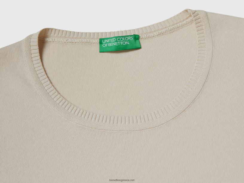 κοντομάνικο πουλόβερ από 100% βαμβάκι J8TLD193 Benetton γυναίκες μπεζ