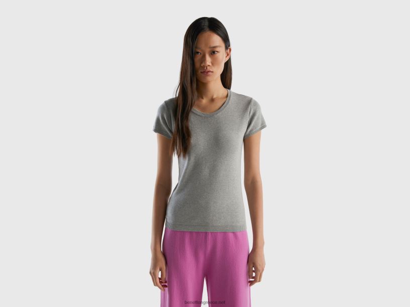 κοντομάνικο πουλόβερ από 100% βαμβάκι J8TLD212 Benetton γυναίκες ανοιχτό γκρι