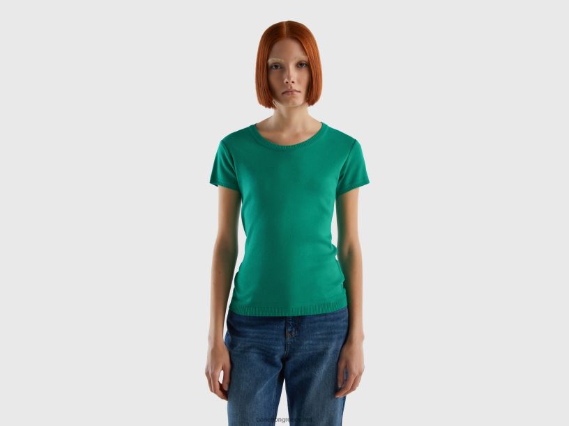 κοντομάνικο πουλόβερ από 100% βαμβάκι J8TLD3493 Benetton γυναίκες πράσινος