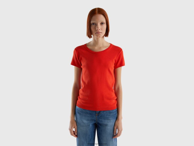 κοντομάνικο πουλόβερ από 100% βαμβάκι J8TLD3499 Benetton γυναίκες το κόκκινο